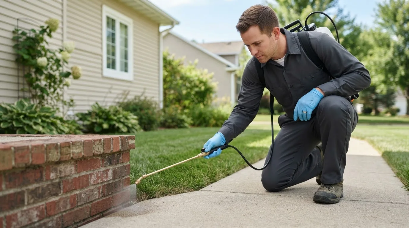 Pest control technician treating a home near Palo, MI
