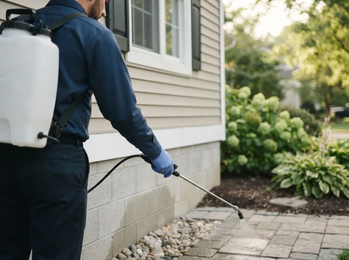 Pest control technician inspecting a home in Palo, MI